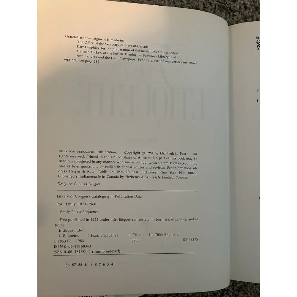 Emily Posts Etiquette Book 14th Edition HC 1984 Vintage Classic Guide To Modern